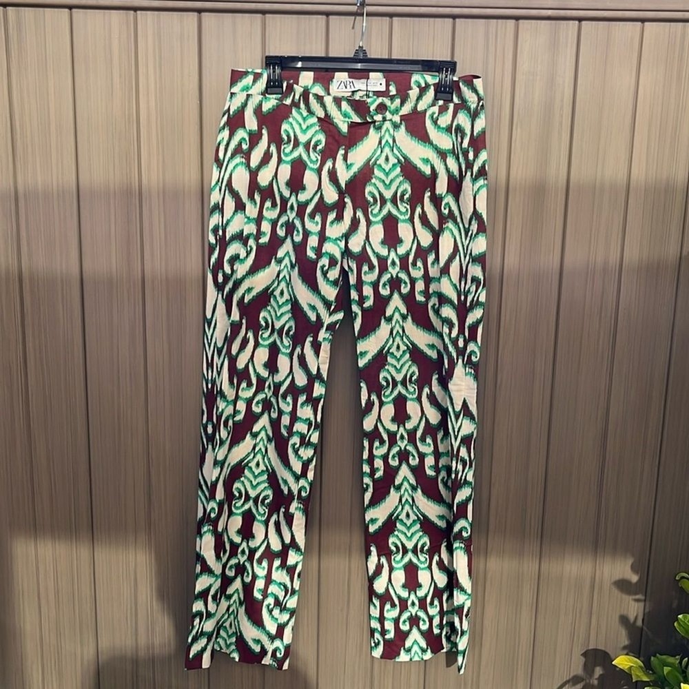 Zara Geometric Ikat Print Cotton Pants Straight Leg M Artsy Boho Psychedelic - Picture 4 of 12